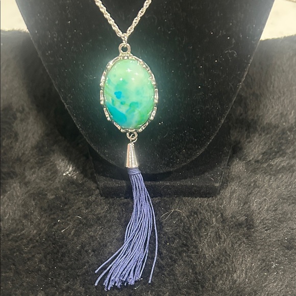 Christopher & Banks Silver Necklace with Turquoise Pendant and Dark Blue Tassel - Picture 3 of 12